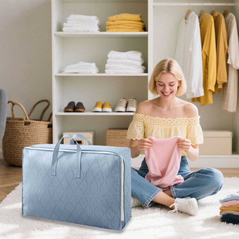  Double Zipper Storage Bags, Clothes Storage Bins Foldable Storage Containers with Reinforced Handles, Closet Organizers and Storage for Clothing, Sweater, Comforter, Bedding (Blue, L)