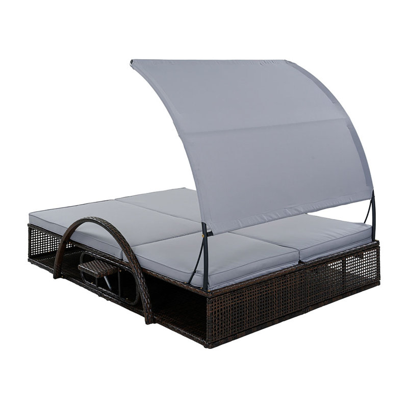 Outdoor Steel Frame Sun Lounger with Adjustable Backrest,Patio Double Sunbed with Hidden Side Table and Arched Armrests,Suitable for Patio Pool Deck,Garden,Backyard