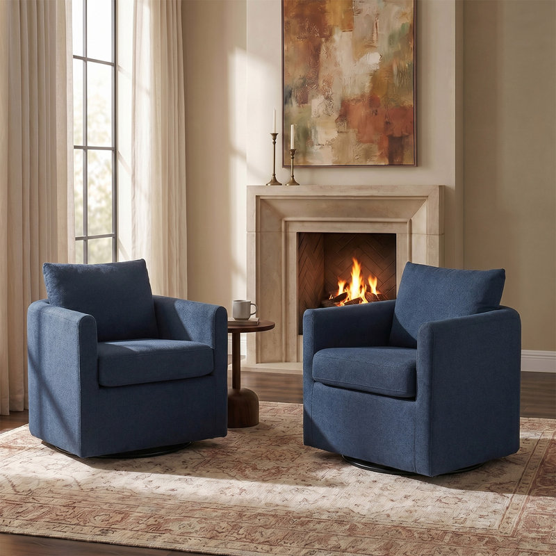 Nicha 29"W Modern Farmhouse Slipcovered Swivel Barrel Chair, Navy