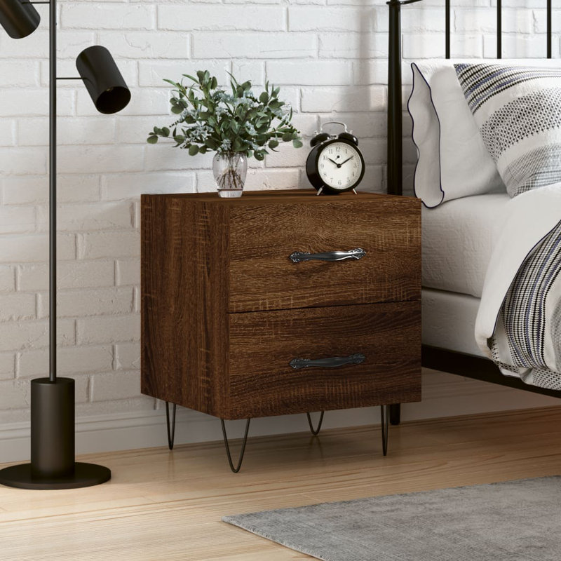 40cm W Iron Bedside Table, Brown Oak, Set of 2