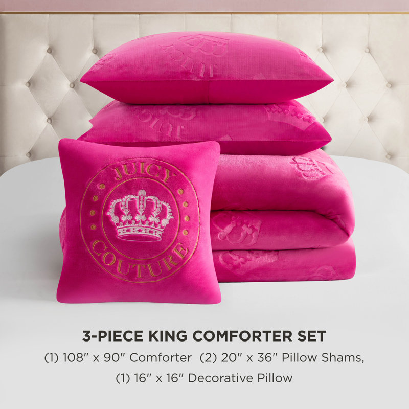 Juicy Couture Embossed Plush Crown Comforter Sets, Hot Pink, King + 3 Additional Pieces