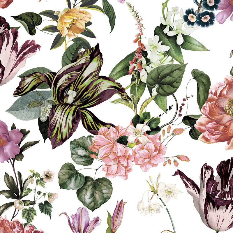 Flora Collection Floral Rhapsody Wallpaper Roll, White