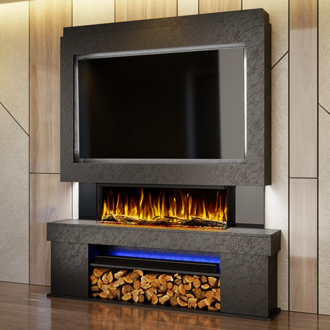Evolution Fires Pre-Built Media Wall Package 3, finished in textured Venetian Plaster, includes Spectrum Series 44 Series 3-Sided Electric Fireplace