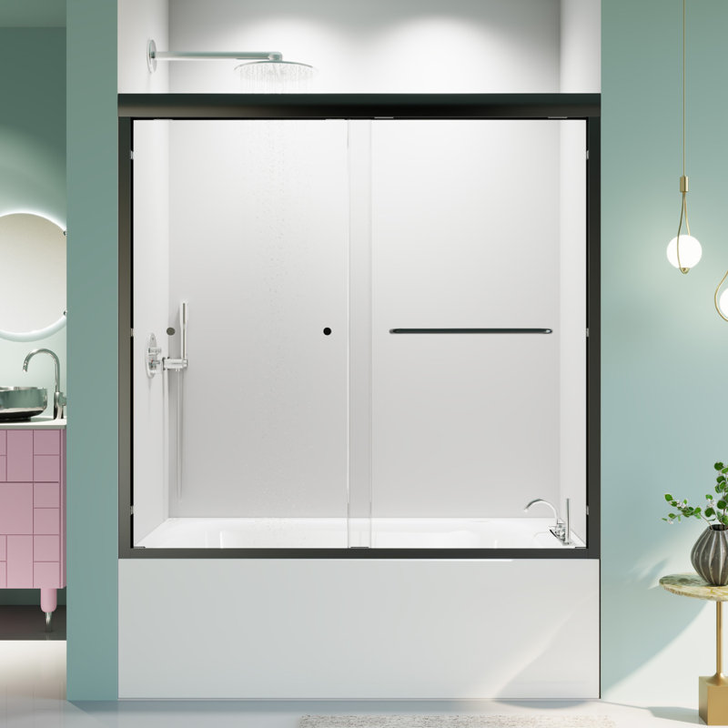 Porte de baignoire coulissante double demi-cadre avec verre trempé l 56 à 60 po x H 58 po, Noir mat