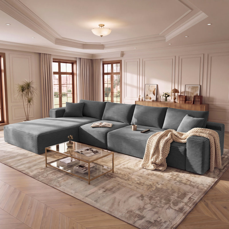 Canapé modulaire 135,4 po pour salon modulaire en L en velours côtelé rembourré à compression, Velours côtelé gris