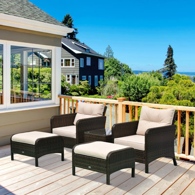 5 Pieces Rattan Wicker Lounge Chair Outdoor Patio Conversation Set With 2 Cushioned Chairs, 2 Ottomans And Tempered Glass Top Coffee Table, Brown/Beige