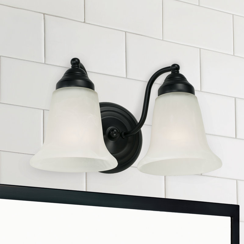 Matte Black 2-Light Vanity with White Faux Alabaster Glass Shades