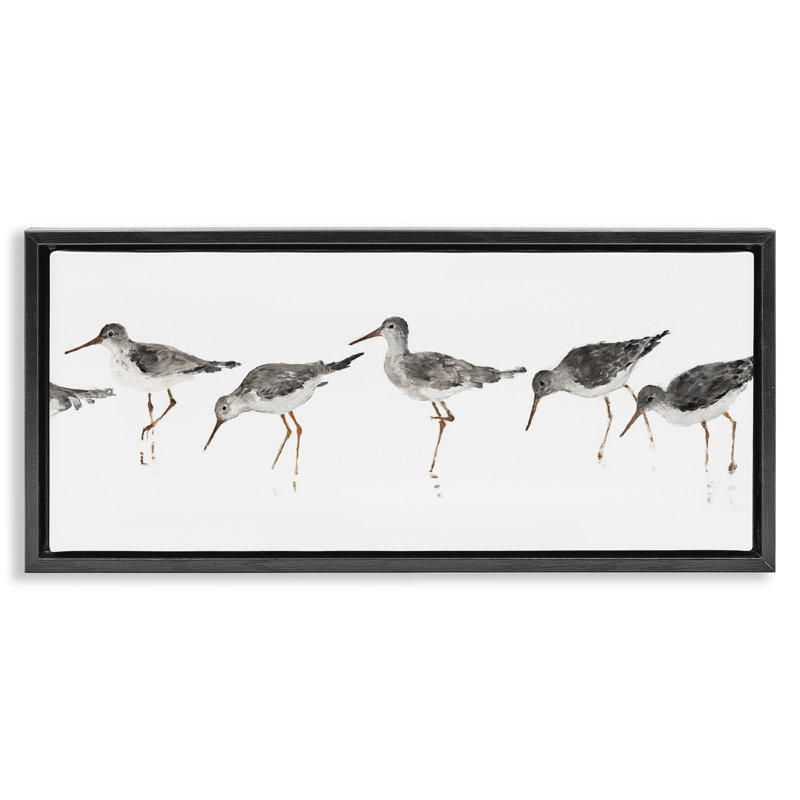 «Minimal Beach Bird Sandpipers», art mural encadré par Avery Tillmore, Cadre flottant noir de jais, H 11 po x l 25 po