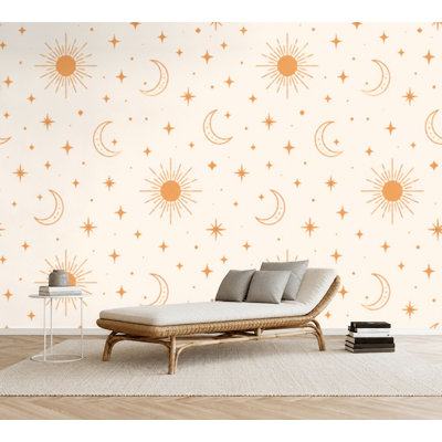 Wall Mural Peel and Stick Wallpaper Seamless sun moon Contemporary composition Boho wall decor Mid century Self-Adhesive Removable Contact Paper Wall Decor for Living Room Bedroom 69"H x 96"W