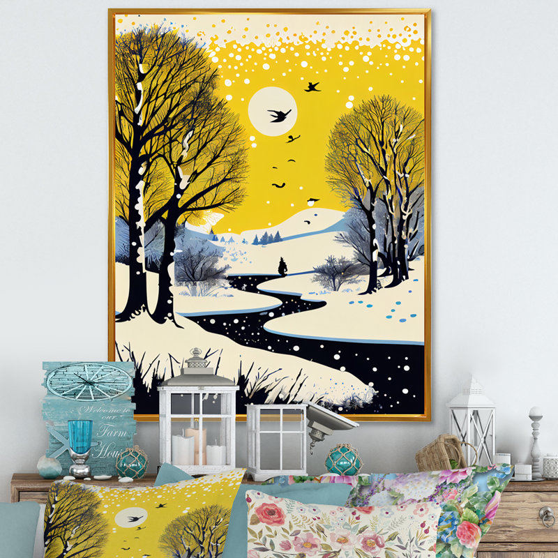 «Winter Trees with Snow Mountain River II», reproduction sur toile, H 32 po x l 16 po x P 1 po, Cadre flottant doré