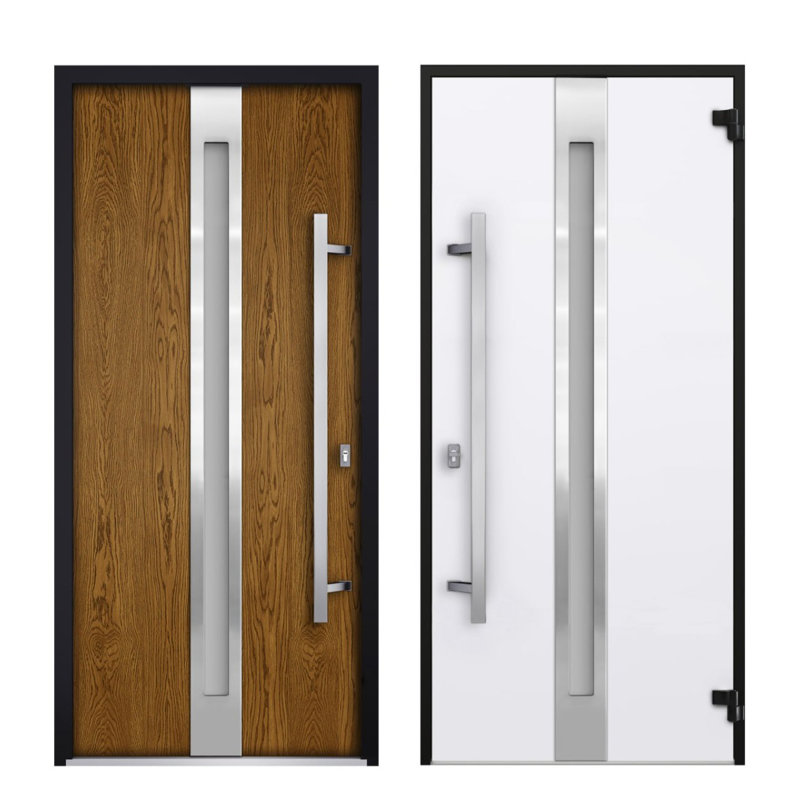 Porte avant en acier pré-suspendue à l'avant / deux en chêne naturel 1744/2 fenêtres extérieures latérales noires / inserts en acier inoxydable simples peints modernes - l 16 + 36 + 16 po x H 80 po - Gauche