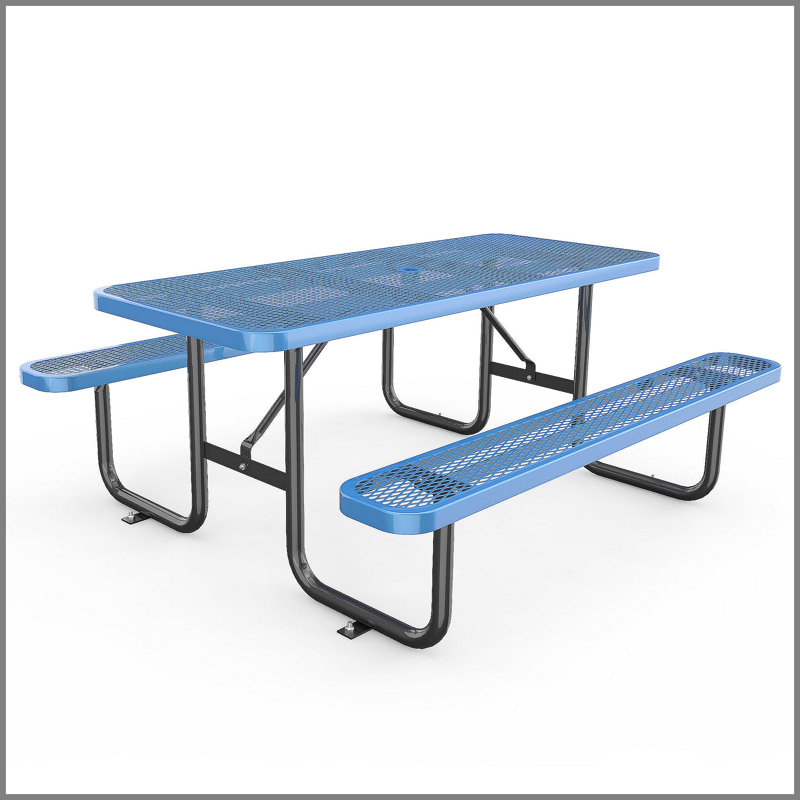 Ensemble de table longue et de chaises bleues avec trou pour parasol 6 pi