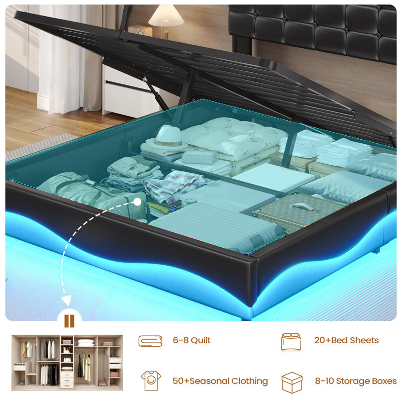 Lift Up Storage  Bed Frame With Charging Station And Hidden Storage Headboard, Led Lights Upholstered Platform Bed With Hydraulic Storage,