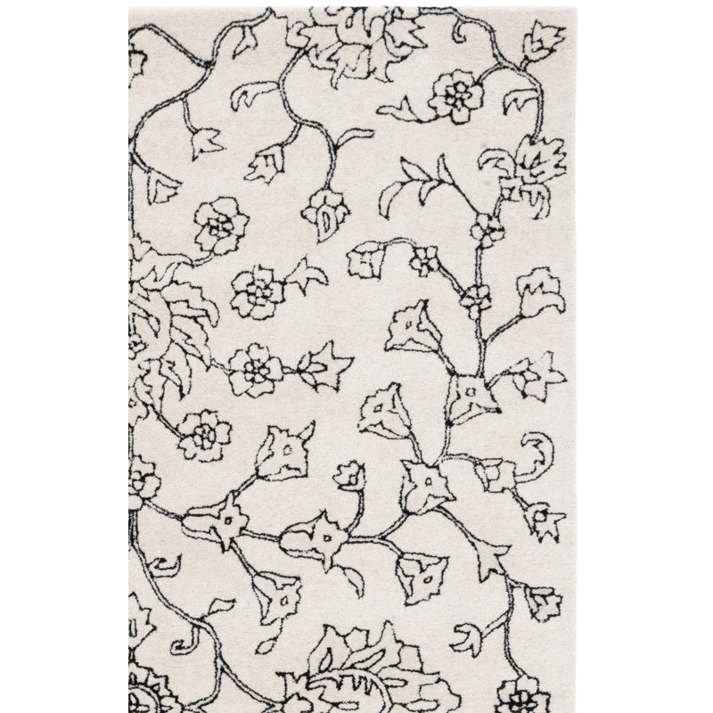 Elizaida Hand Tufted Wool/Viscose Floral Rug in Ivory/Black, Square 6'