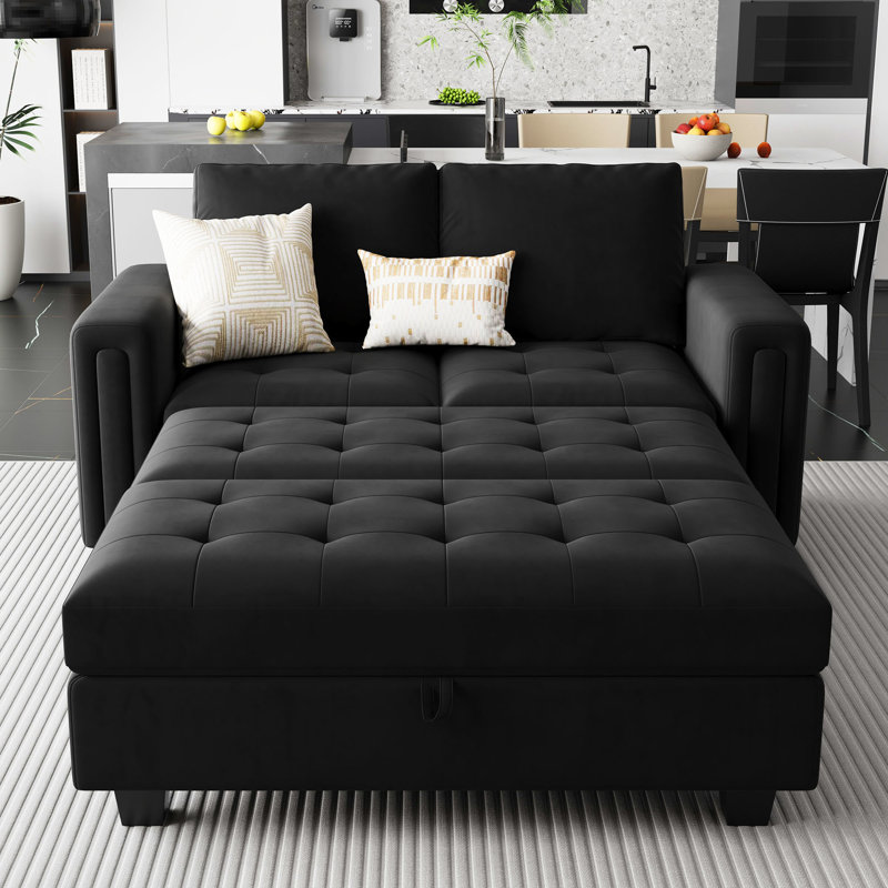 Velvet Upholstered Sleeper Sofa, Pull Out Bed With Storage Ottoman, Black
