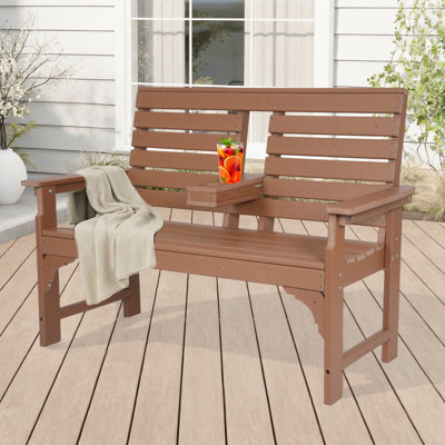 Outdoor Bench with Cup Holders, HDPE 2-Person Weatherproof Patio Benches, Fade/Rot Resistance, Garden Bench for Front Porch Backyard, Brown