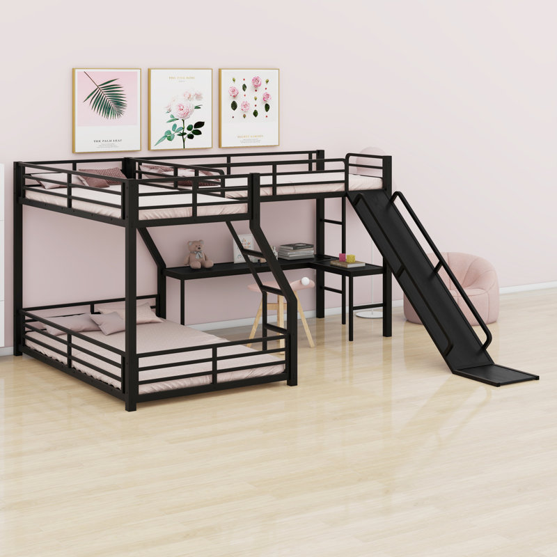 L-Shaped Bunk Bed With Loft Bed, Slide And USB Ports, Twin XL Over Queen Over Twin