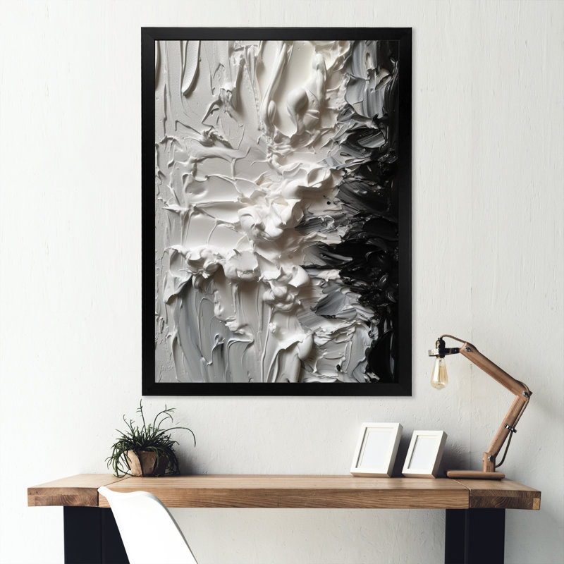 «White and Black Tranquility Unleashed V», art abstrait sur toile marbrée, Cadre photo noir, H 40 po x l 30 po x P 1,5 po