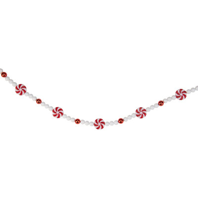 Guirlande de Noël 9 pi x 1 po perlée à la menthe poivrée rouge et blanche - non éclairée
