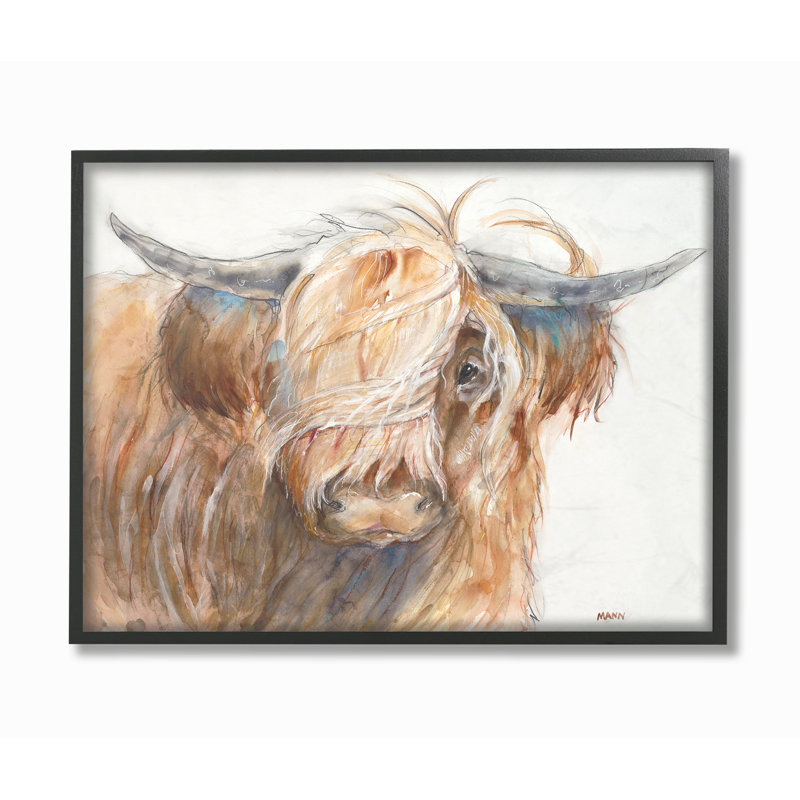 «Brown Horned Bull with Wind Swept Long Hair», reproduction d'impression, H 16 po x l 20 po x P 1,5 po