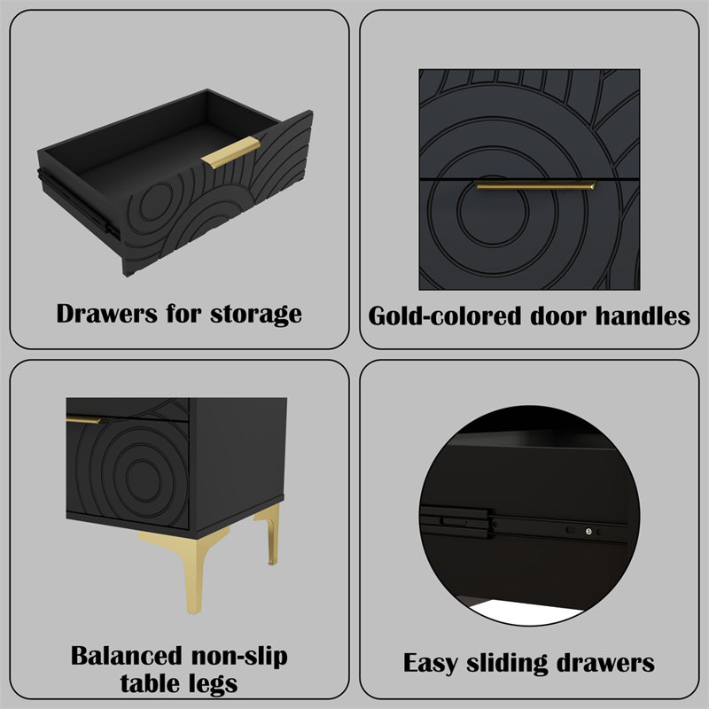 Black Modern 47" 6-Drawer Dresser with Gold Metal Handles