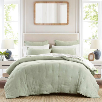 Courtepointe très grand en coton de taille sauge très doux avec texture froissée, respirante pour une utilisation toute l'année, motif brodé et gaze de sauge standard de 100, légère et confortable, confort toutes saisons, attelage