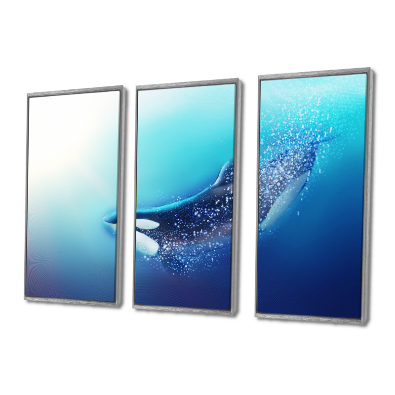 «Killer Whale And Sea», 3 pièces, cadre flottant, impression sur toile, H 28 po x l 36 po, Argent