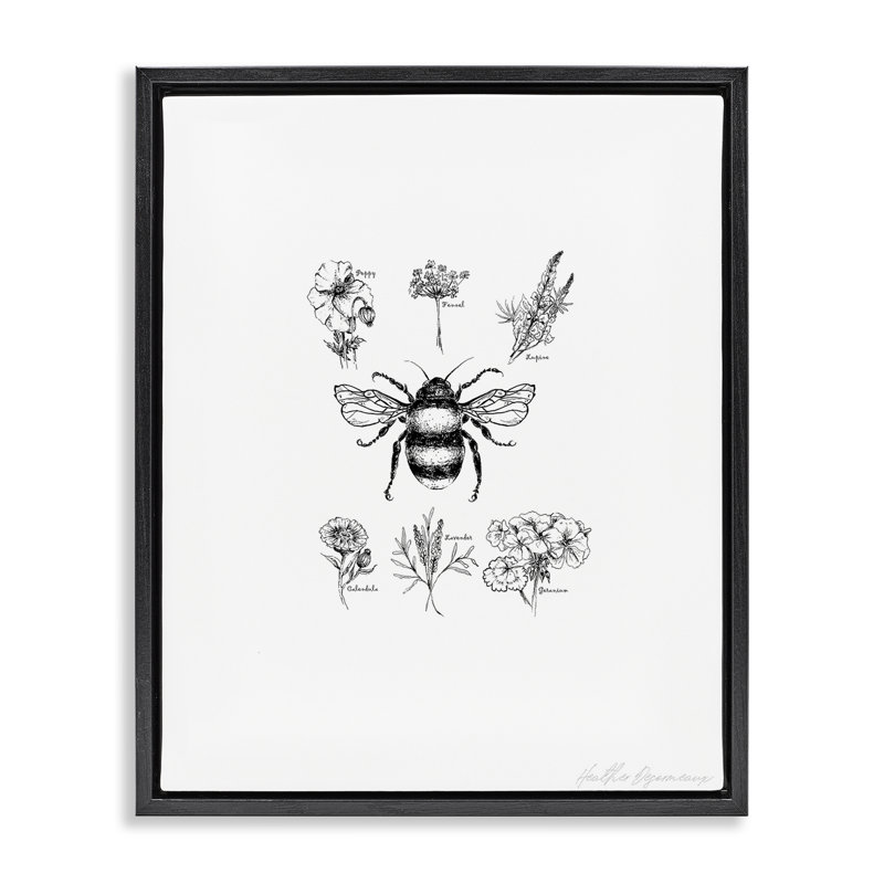 «Botanical Bee & Floral», art mural encadré sur toile flottante, design par Heather Desormeaux, Cadre flottant noir de jais