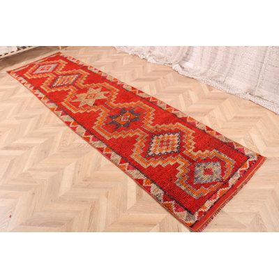 Handmade Turkish Runner Rug with Geometric Patterns in Vintage Red Wool for Hallway Decor