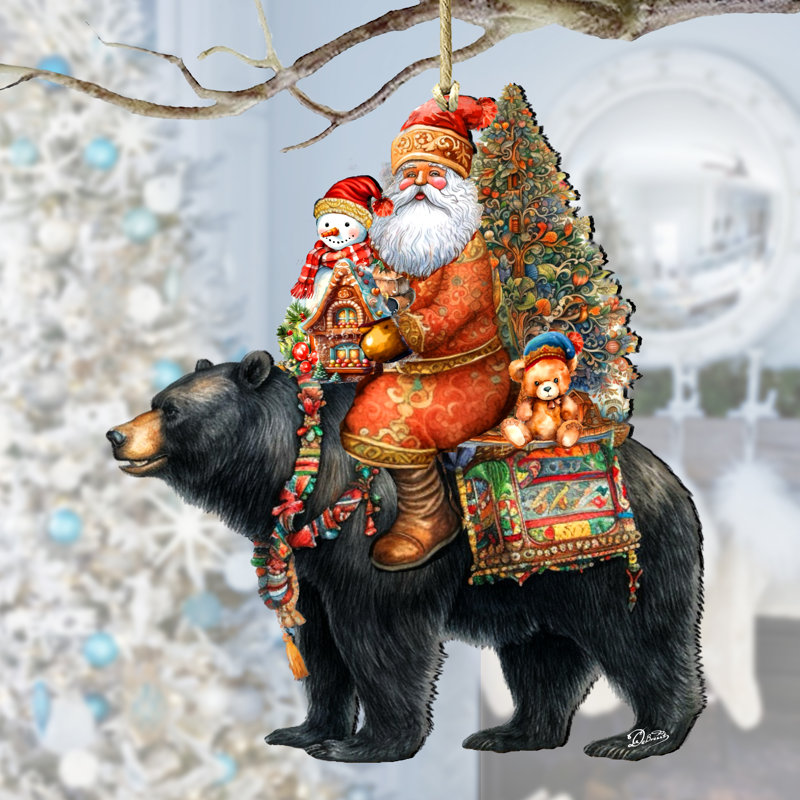 Ornement en bois Père Noël sur un ours noir