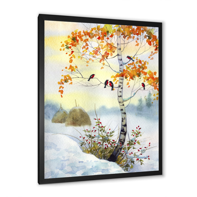 Bouvreuil sur le bouleau d'hiver - Peinture, H 36 po x l 24 po x P 1 po, Cadre photo noir