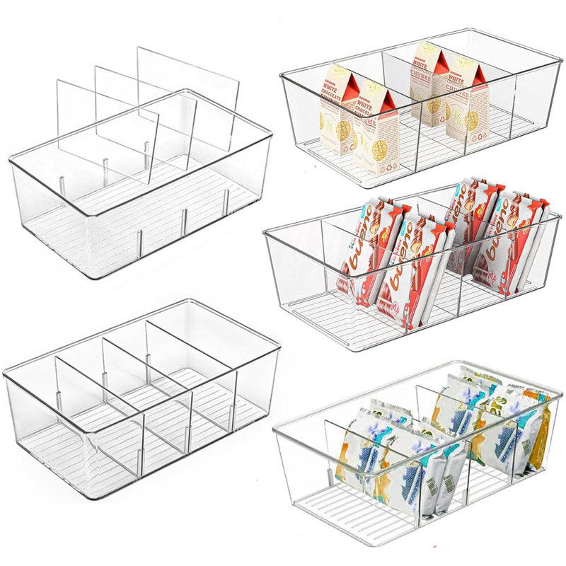 Ensemble de 5 organisateurs de garde-manger à 4 compartiments - Bacs de rangement en plastique transparent pour la cuisine / réfrigérateur, parfaits pour les collations, les épices, les sachets de thé et les assaisonnements