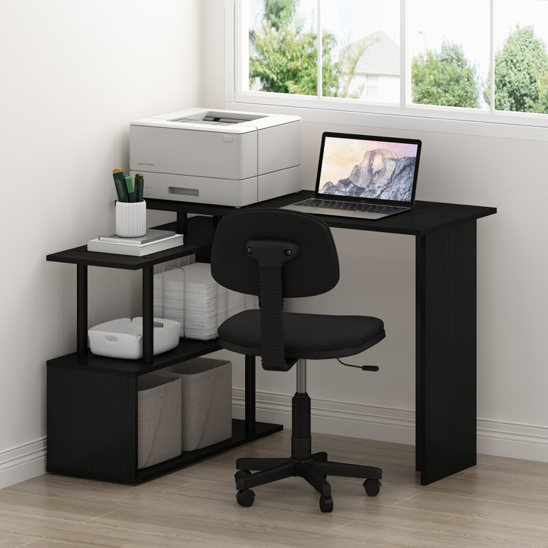 Dontay L-Shape Computer Desks with Side Shelves, Americano
