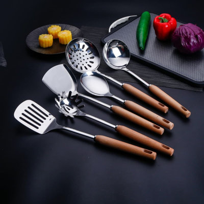 6-Piece Professional Stainless Steel Kitchen Utensil Set With Beechwood Handles, Slotted Spatula, Solid Spoon, Ladle, Skimmer, And Slotted Turner For Cooking And Baking