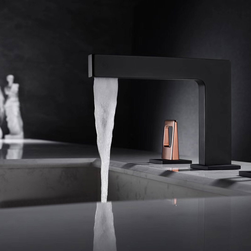 Robinet de salle de bain à large entraxe avec bonde, Noir mat / Or rose