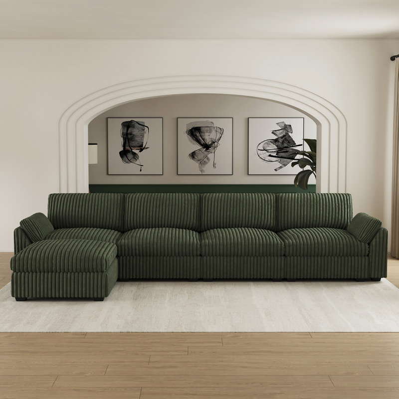 Velvet & Plush Corduroy Fabric Sofa L-Shaped Living Room Couch Large Modular Sectional Sofa With Movable Ottoman
