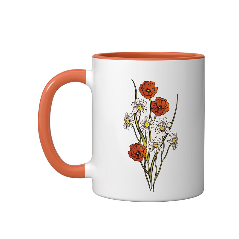 Chamomile Poppy Wildflower Ceramic Mug, 11oz, Orange
