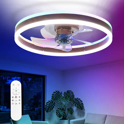 20" Walnut Flush Mount Ceiling Fan with Light, Low Profile, App & Remote Control, 6-Speed Quiet DC Motor, Dimmable LED for Bedroom(Up and Down Lighting}