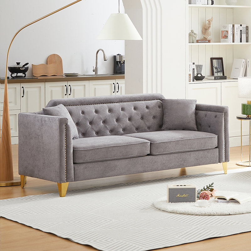 " mid-century modern chenille sofa | tufted buttons & copper nail armrest | 2 pillows | metal legs | stylish living room couch