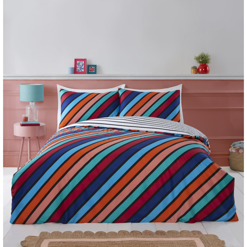OXFORD STRIPE Polyester Striped Duvet Cover Set with Pillowcases Included, 3, Blue/Orange/White, Double