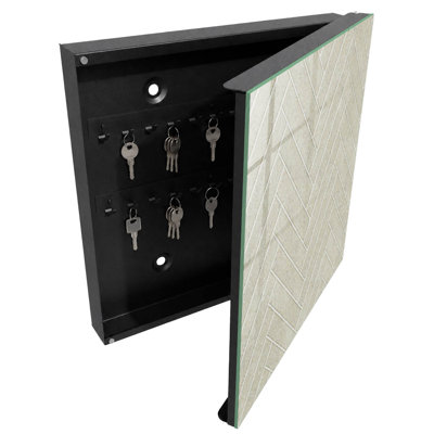 Key cabinet for wall, Opens to the right, 30x30x5, Black, Elegant herringbone pattern in subtle beige tones, 