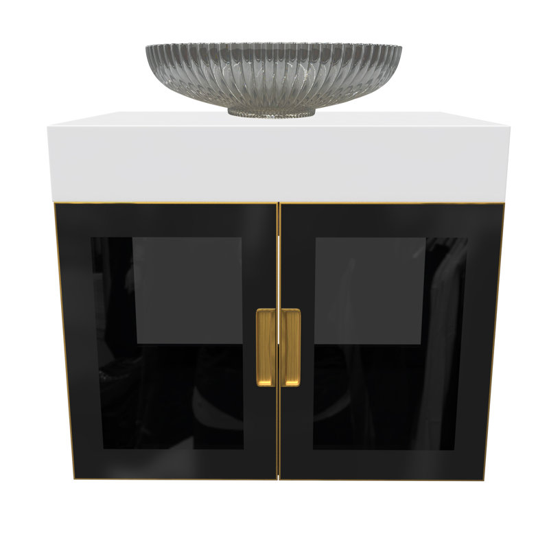 Meuble-lavabo mural moderne de luxe avec comptoir à surface solide de 30 po et lavabo vasque ovale en verre transparent, Noir