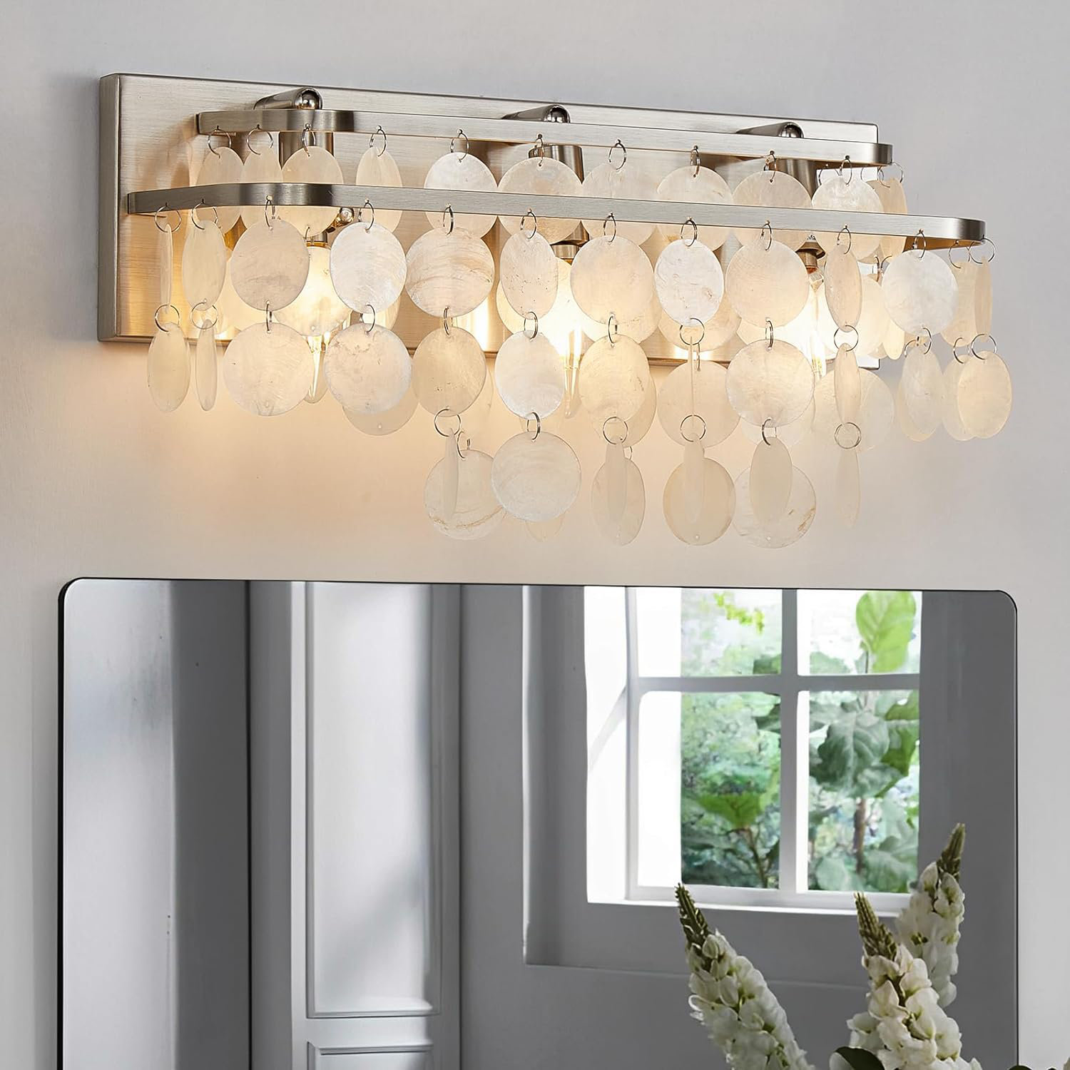 House of Hampton® Veun 3-Light Dimmable Bathroom Vanity Light Natural Capiz Shell Shade Coastal Modern Brushed Nickel | Wayfair