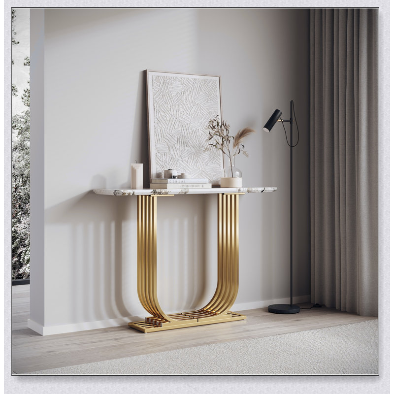 43.3-Inch Accent Table, Console,  Modern Wooden Imitation Marble Counter Top Console Table, Narrow Type, Sofa, Living Room, Bedroom