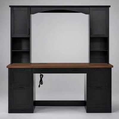 Bureau d'ordinateur arqué avec huche, bureau de travail Mid-Century en noyer avec station de chargement et plateau à clavier, bureau d'écriture tout-en-un avec tiroir-classeur pour bureau, noir, ON-TREND
