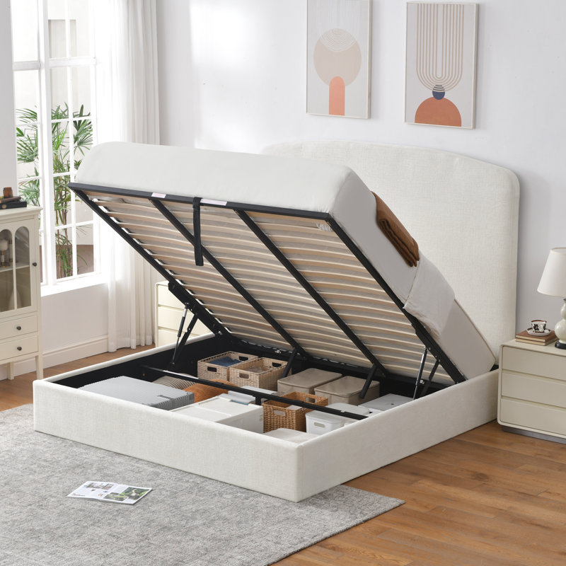Gerhart Luxlury Arch 63.2" High Headboard Hydraulic Lift Up Storage Upholstered Platform Bed,White,King, King