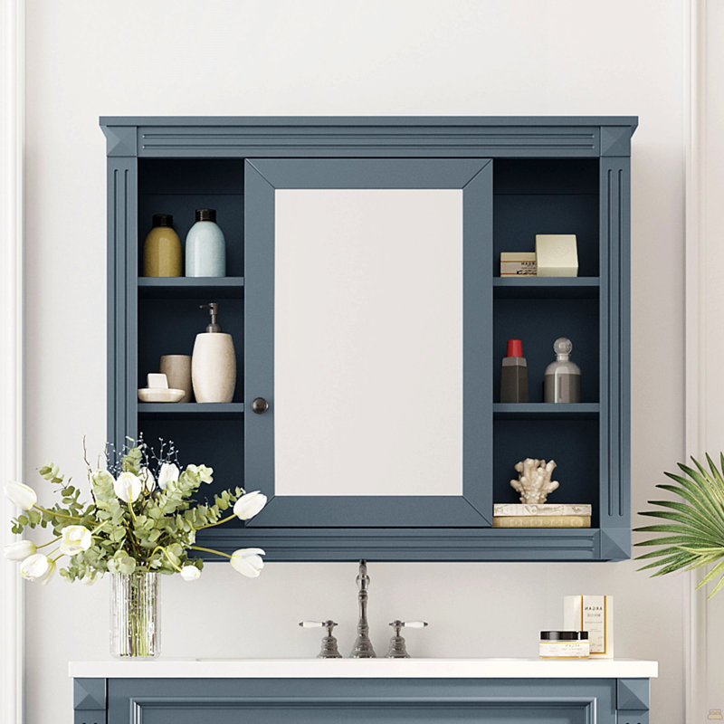 Armoire de rangement murale de salle de bain 35 po x 28 po, armoire à pharmacie, armoire murale moderne avec miroir, armoire à miroir avec 6 tablettes ouvertes (meuble-lavabo non inclus)