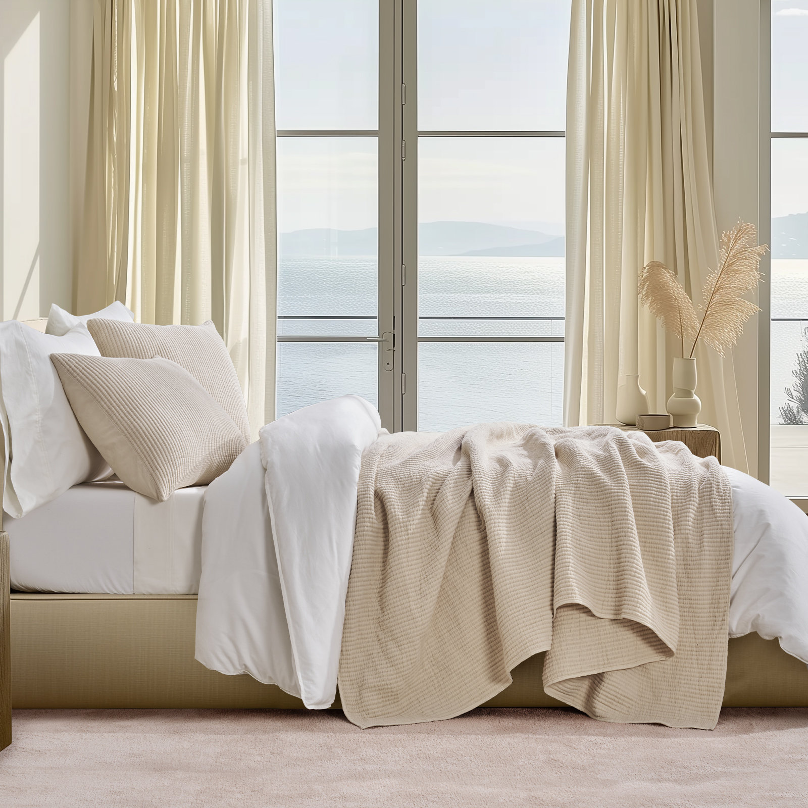 Ribbed Cotton Coverlet Set, King Quilt + 2 King Shams, Washed Black