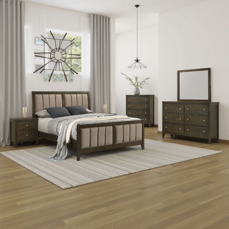 WIly 5 Piece Queen Bedroom Set, Dark Brown, Beige Upholstery, Nickel, Queen