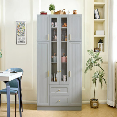 Modern Large Kitchen Pantry with 6 Doors, 53.2''Lx17.7''W Storage Cabinet Cupboard with Drawers, Adjustable Shelves,Pull-out Trays and Wine Rack for Dining Room
